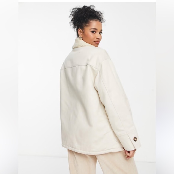 ASOS DESIGN Petite borg lined cotton jacket in stone - Picture 4 of 15